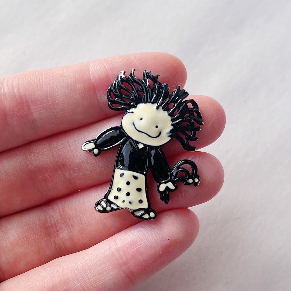 Vintage Steinmetz SFJ Wild Girl Brooch White and Black Enamel Pin